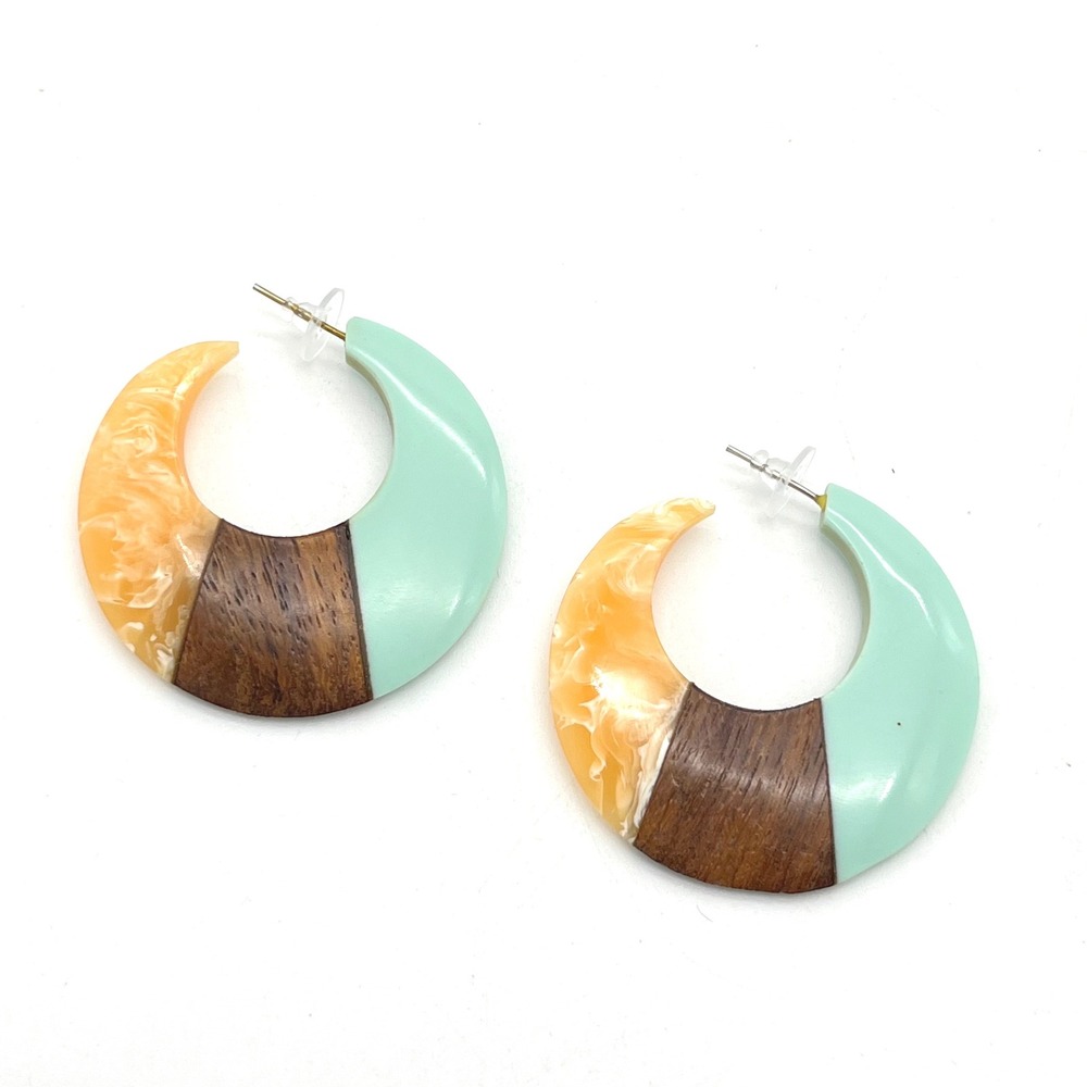 Retro Colorblock Crescent Hoop Earrings Mint Peach Marbled Resin & Wood Grain